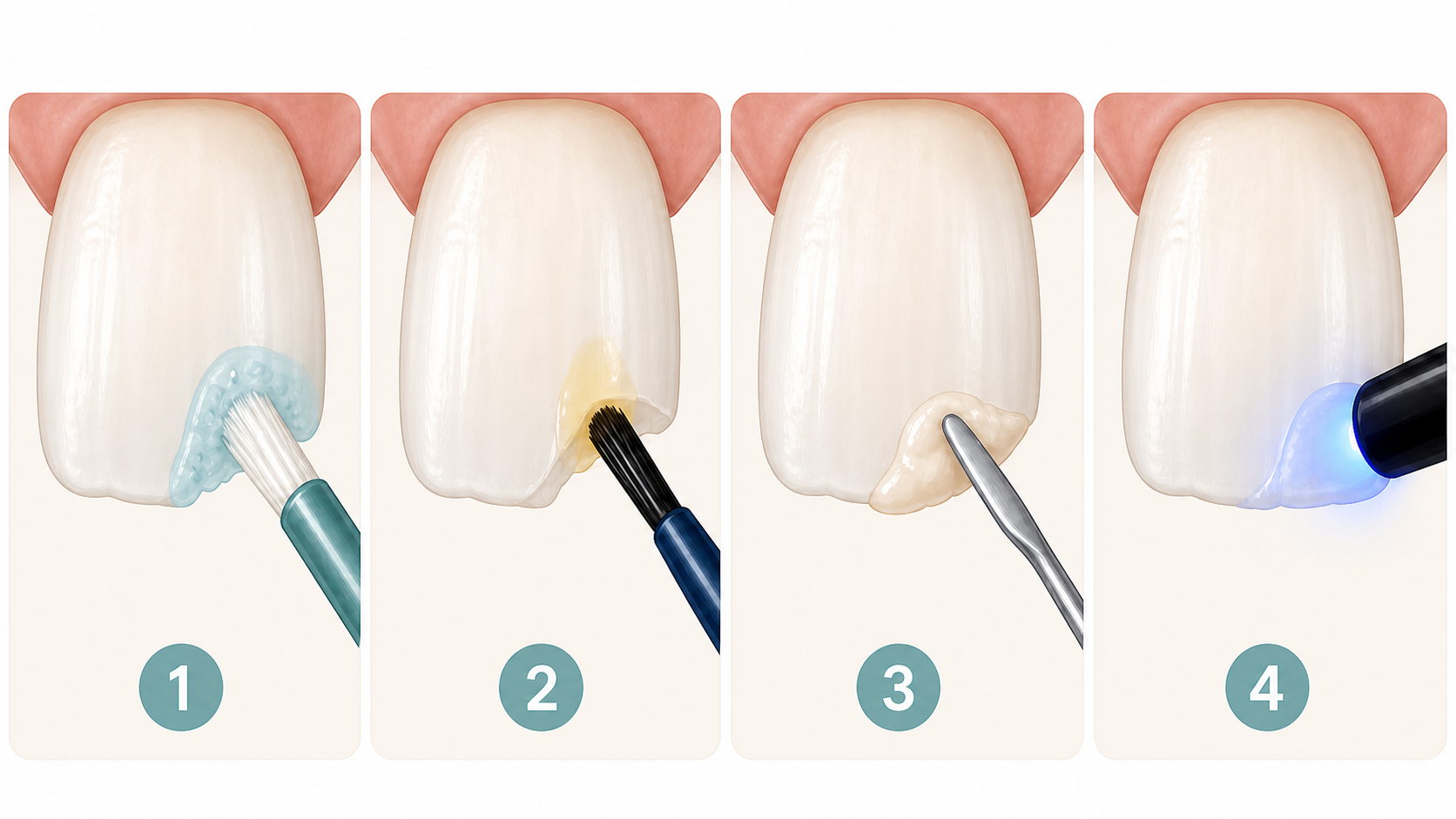 Four-stage illustration showing the tooth surface conditioned, adhesive applied, composite resin shaped at the chipped edge and the resin hardened with a curing light.